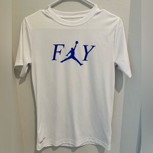 Jordan dri fit white tshirt with blue FLY/jump man youth large